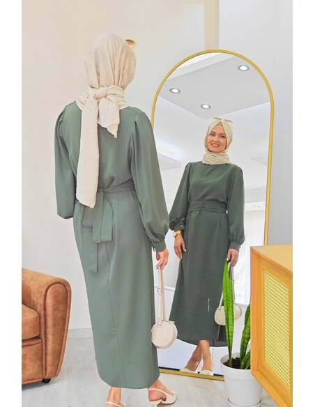 Narin Krep Tesettür Elbise - Çağla Rengi