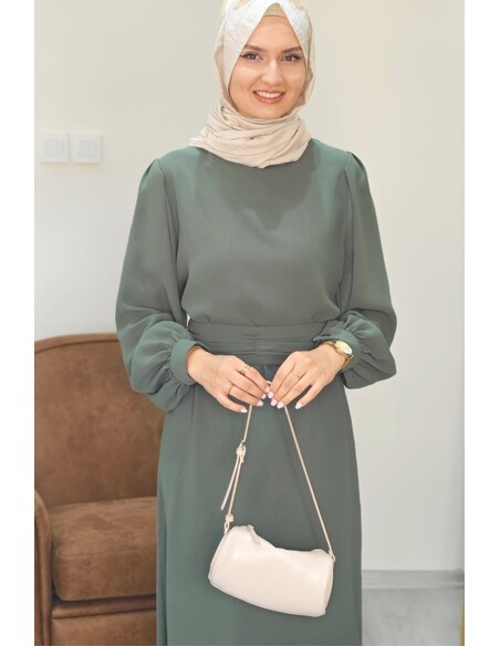 Narin Krep Tesettür Elbise - Çağla Rengi