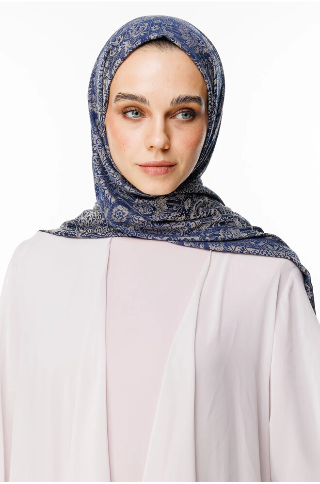 Henna Desen Çift Taraflı Şal Lacivert - Bej