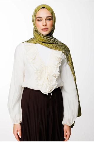 Lavin Desen Çift Taraflı Şal Yağ Yeşili - Ekru 2