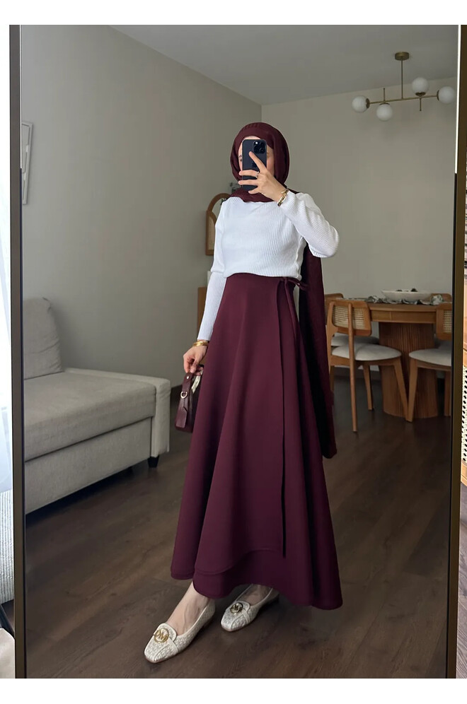 Yandan Bağlamalı Scuba Etek Bordo