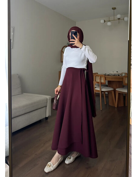 Yandan Bağlamalı Scuba Etek Bordo