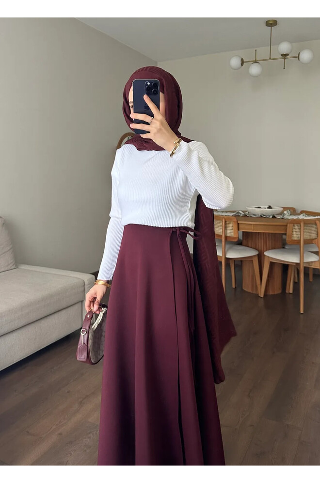 Yandan Bağlamalı Scuba Etek Bordo