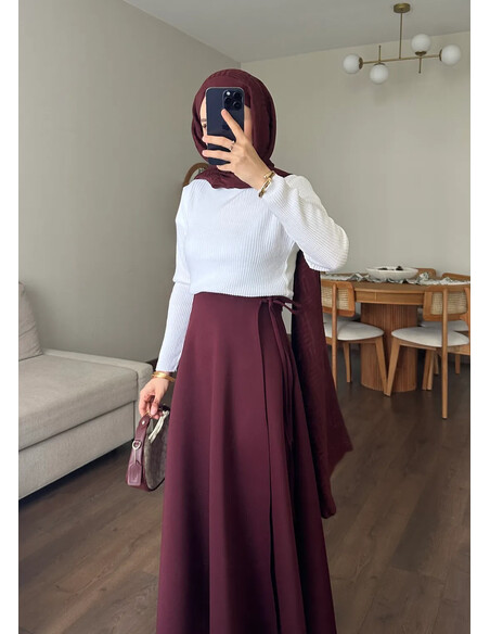 Yandan Bağlamalı Scuba Etek Bordo