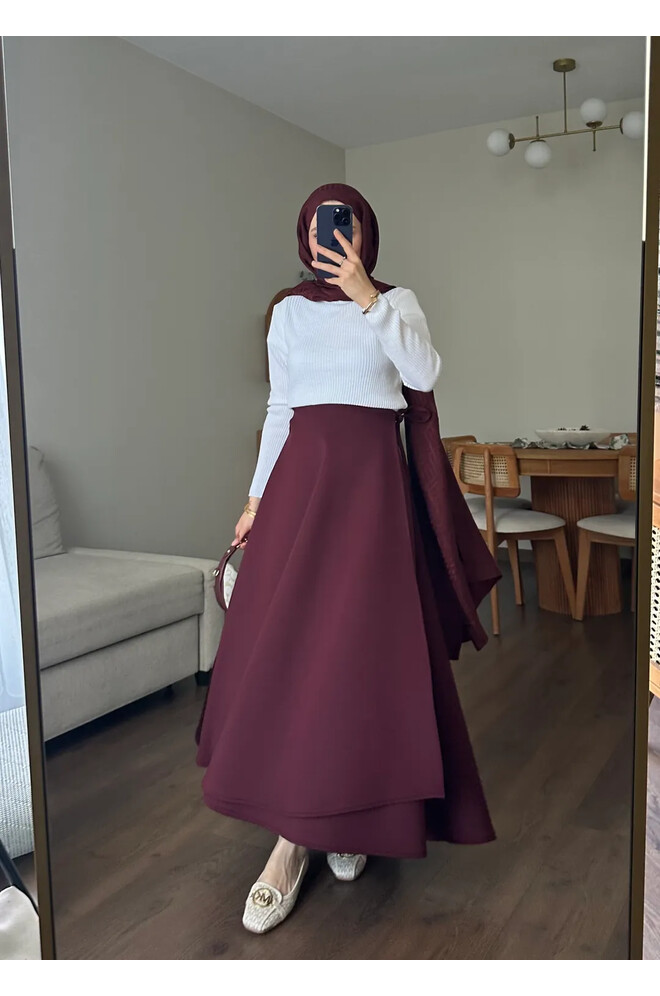 Yandan Bağlamalı Scuba Etek Bordo