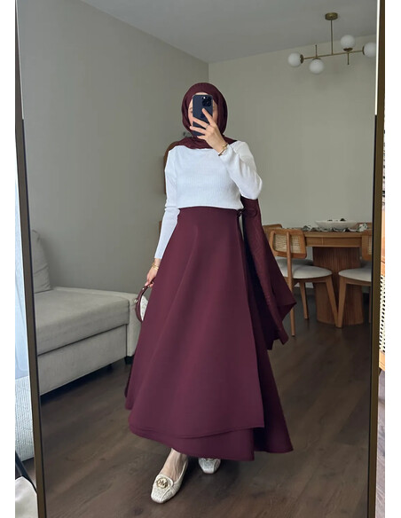 Yandan Bağlamalı Scuba Etek Bordo