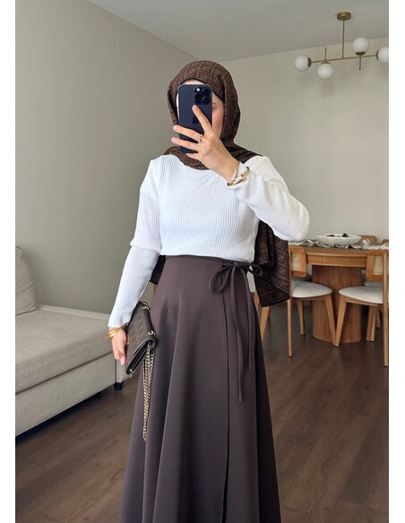 Yandan Bağlamalı Scuba Etek Acı Kahve