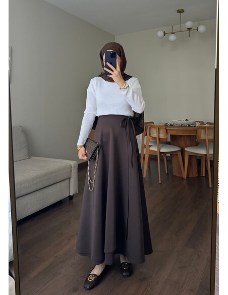 Yandan Bağlamalı Scuba Etek Acı Kahve