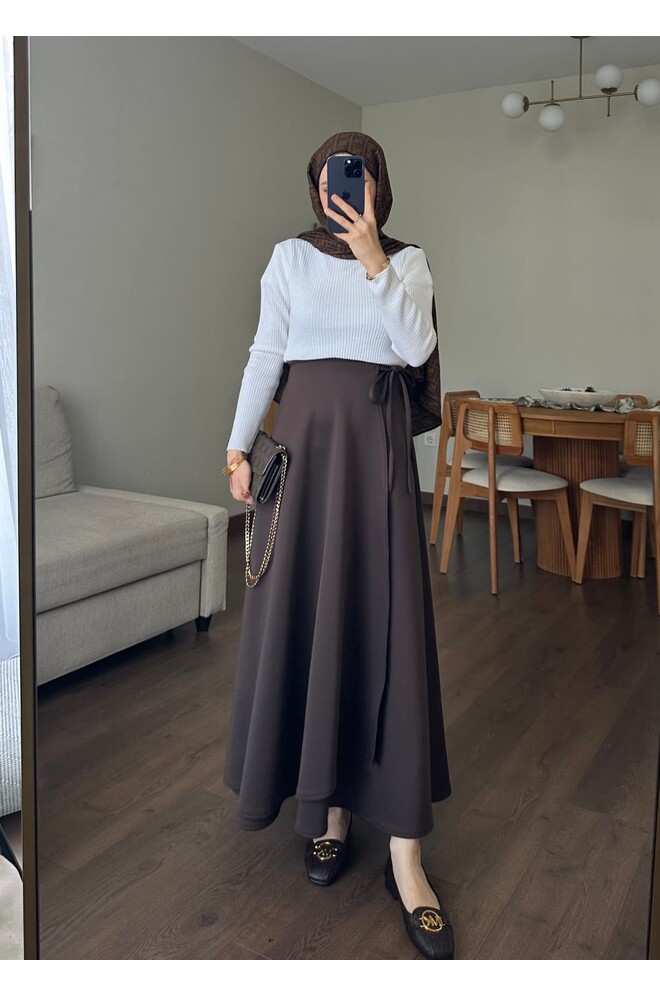 Yandan Bağlamalı Scuba Etek Acı Kahve