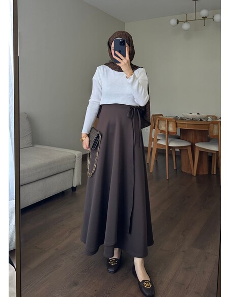 Yandan Bağlamalı Scuba Etek Acı Kahve