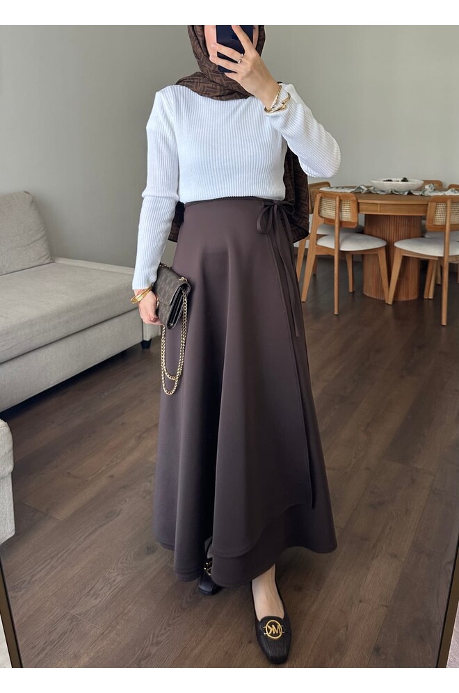 Yandan Bağlamalı Scuba Etek Acı Kahve