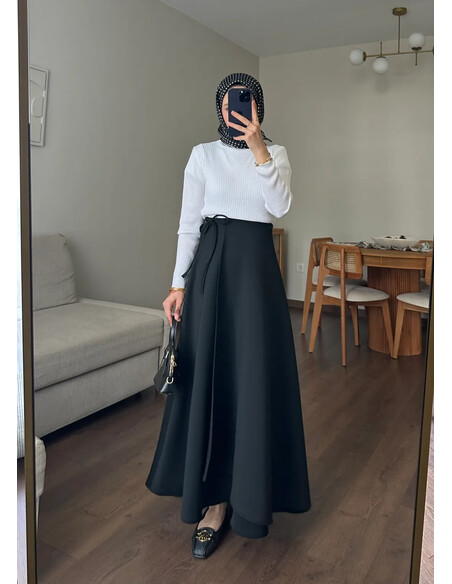 Yandan Bağlamalı Scuba Etek Siyah