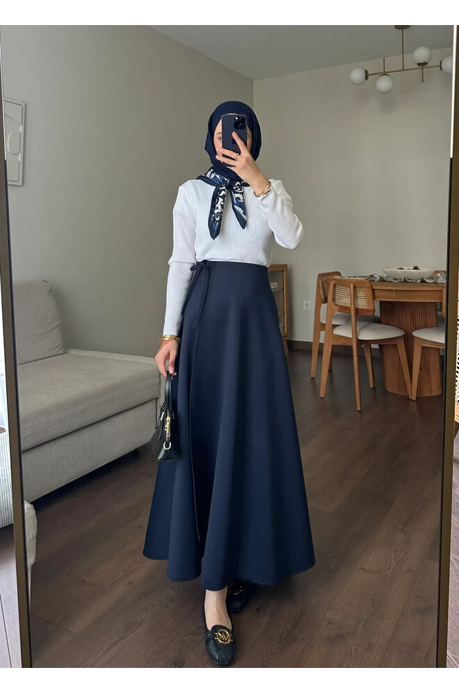 Yandan Bağlamalı Scuba Etek Lacivert