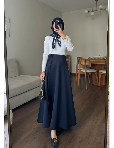 Yandan Bağlamalı Scuba Etek Lacivert