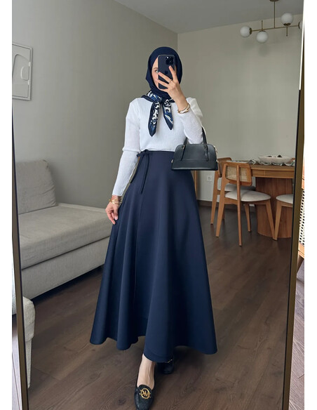 Yandan Bağlamalı Scuba Etek Lacivert