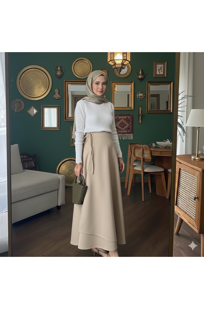 Yandan Bağlamalı Scuba Etek Bej