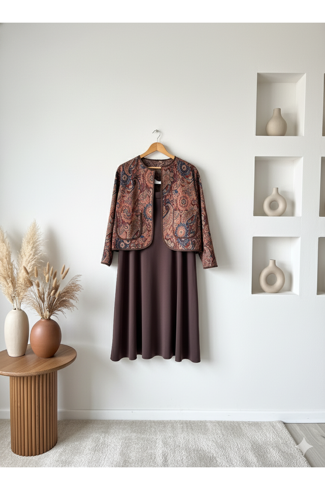 Liva Etnik Desenli Jakarlı Ceket Kahverengi