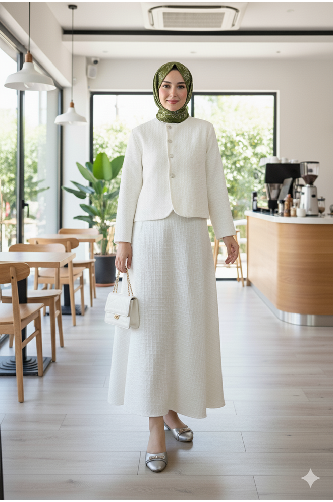 Düğme Detaylı Tüvit İkili Takım Krem