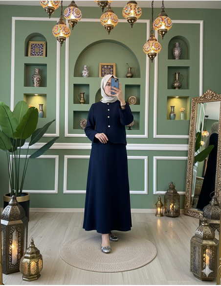 Düğme Detaylı Tüvit İkili Takım Lacivert