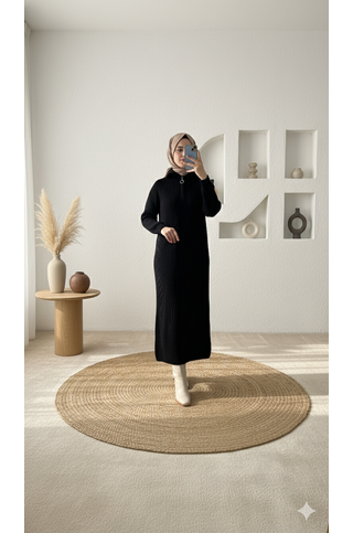 Fermuar Detaylı Triko Elbise Siyah