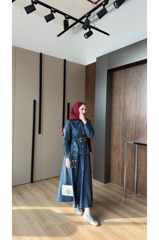 Dora Gold Düğmeli İkili Kot Takım Koyu Mavi 2