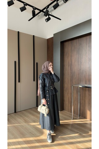 Dora Gold Düğmeli İkili Kot Takım Siyah 2