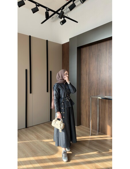 Dora Gold Düğmeli İkili Kot Takım Siyah