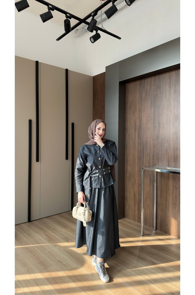 Dora Gold Düğmeli İkili Kot Takım Siyah