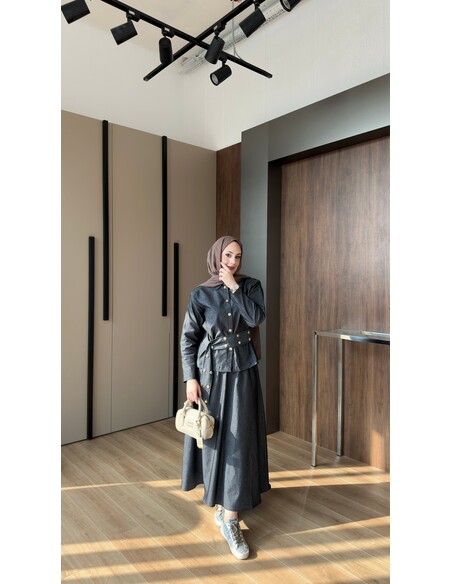 Dora Gold Düğmeli İkili Kot Takım Siyah