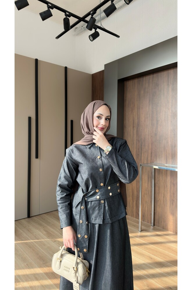 Dora Gold Düğmeli İkili Kot Takım Siyah