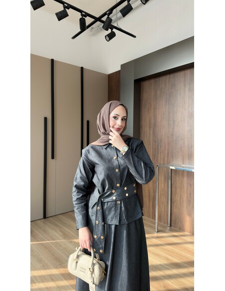 Dora Gold Düğmeli İkili Kot Takım Siyah