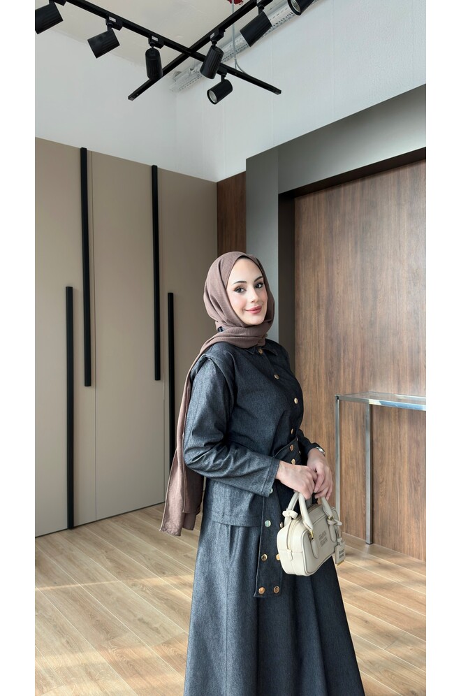 Dora Gold Düğmeli İkili Kot Takım Siyah