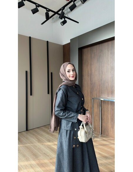 Dora Gold Düğmeli İkili Kot Takım Siyah