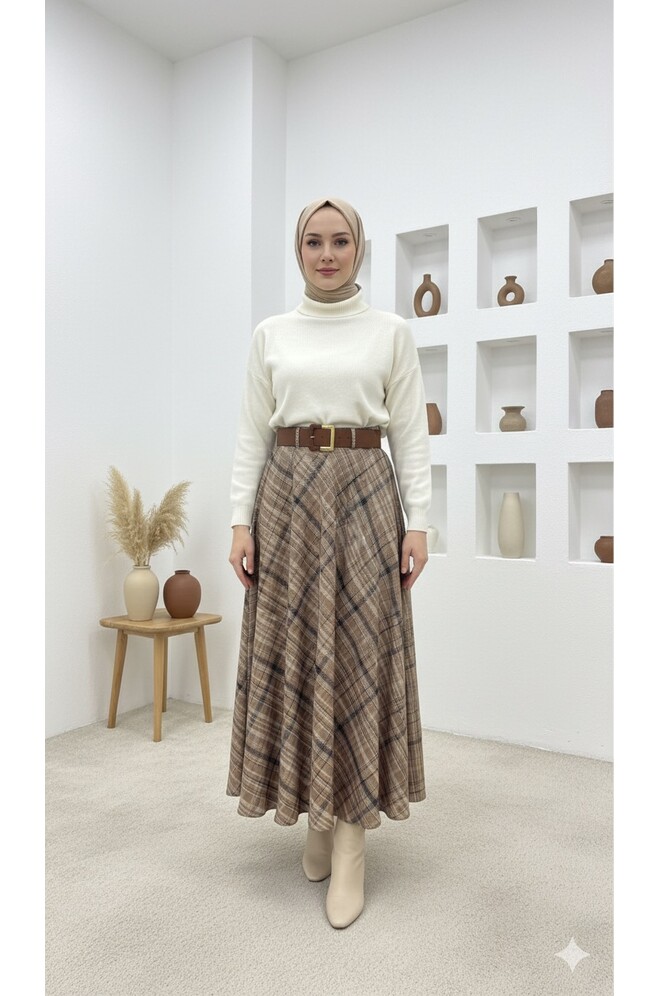Yün Efekt Kumaş Ekose Etek Açık Kahve Kemer...