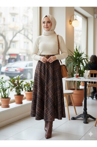 Yün Efekt Kumaş Ekose Etek Acı Kahve Kemer Hediyeli