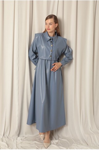 Deri Kumaş Kadın İndigo Elbise 2