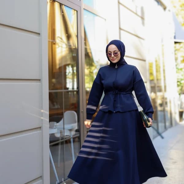 Bel Büzgülü Etekli Scuba Takım Lacivert