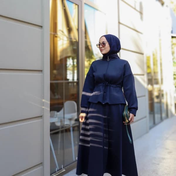 Bel Büzgülü Etekli Scuba Takım Lacivert