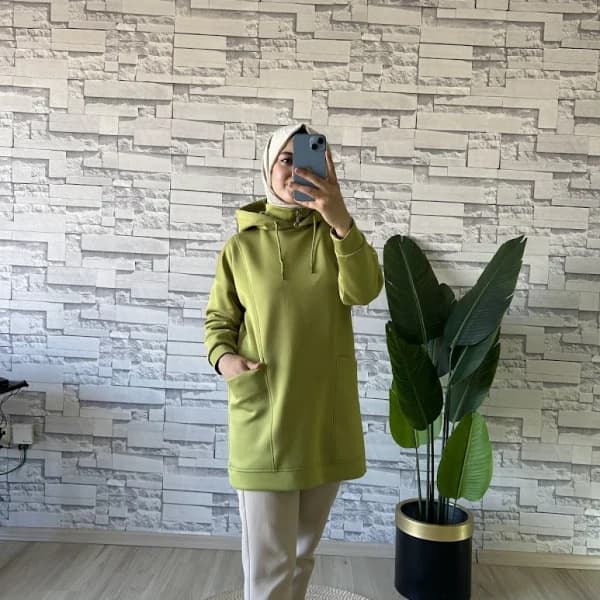 Boğazı Fermuar Detaylı Sweat Yağ Yeşili