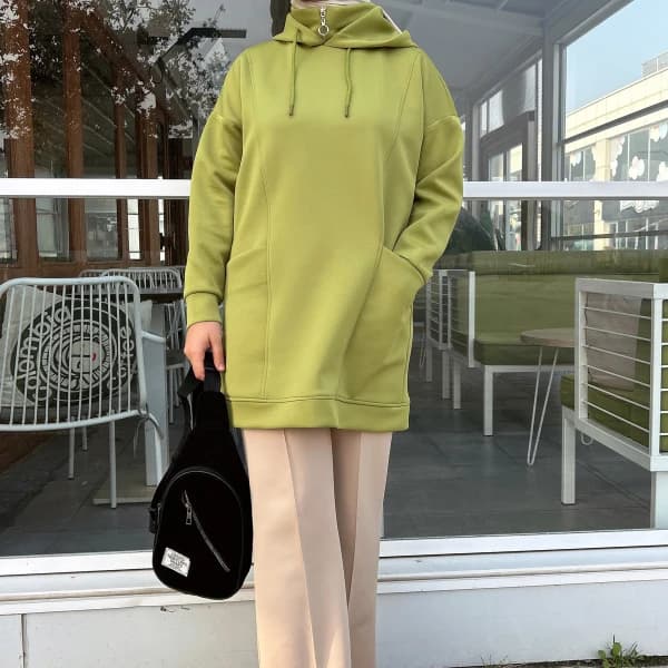 Boğazı Fermuar Detaylı Sweat Yağ Yeşili