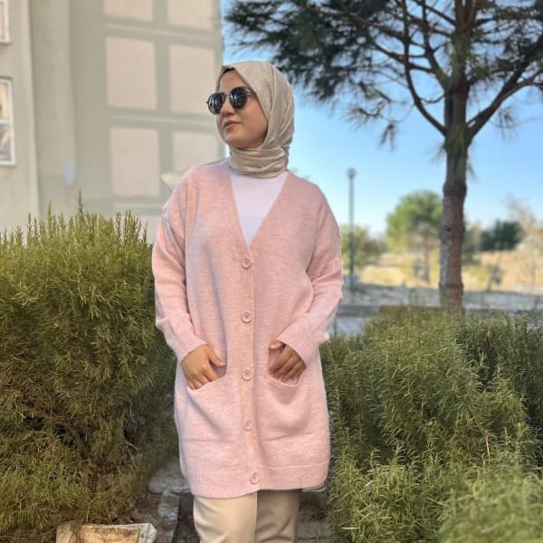 Düğme Detaylı Cepli Uzun Hırka Pembe