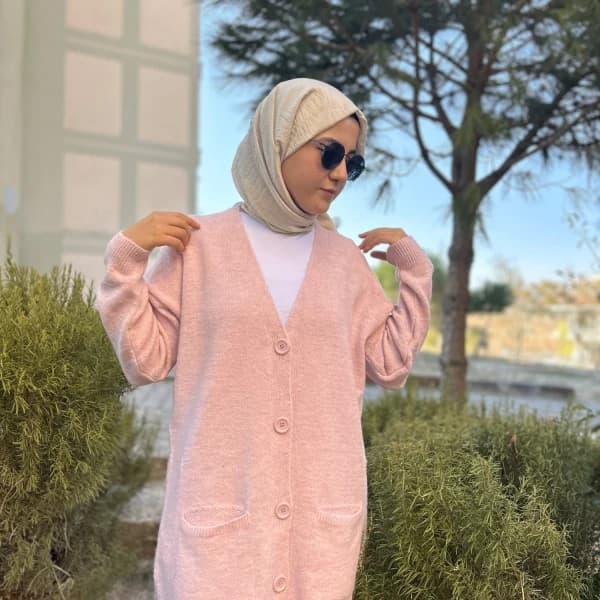 Düğme Detaylı Cepli Uzun Hırka Pembe