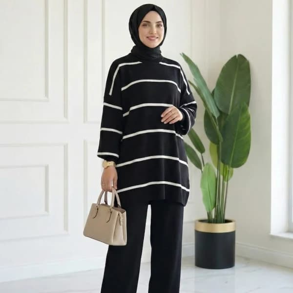 Çizgili Oversize Triko Kazak Siyah