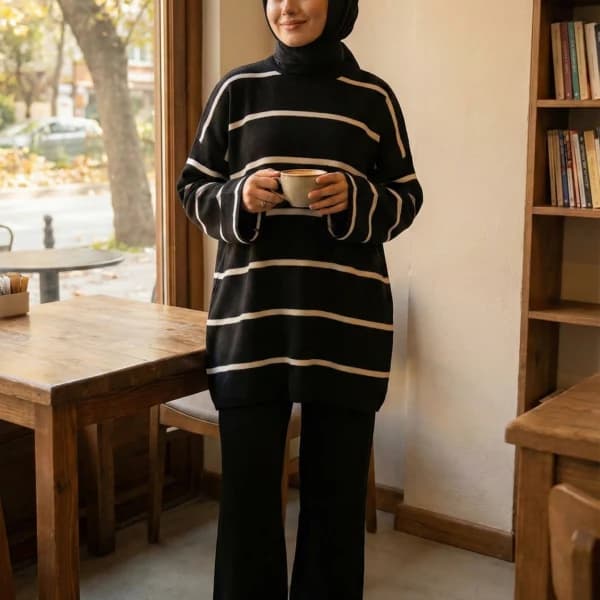 Çizgili Oversize Triko Kazak Siyah