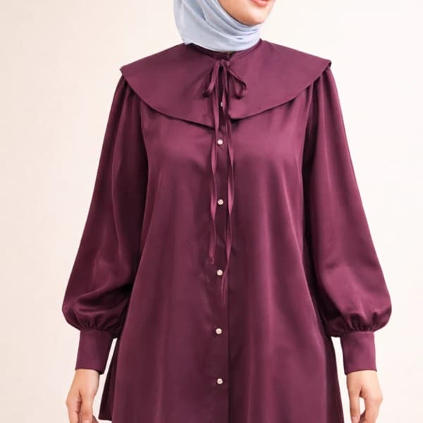 Yakalı Kalın Saten Gömlek - Bordo