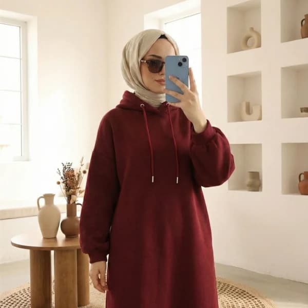 Kemerli Kapüşonlu Polar Elbise Bordo