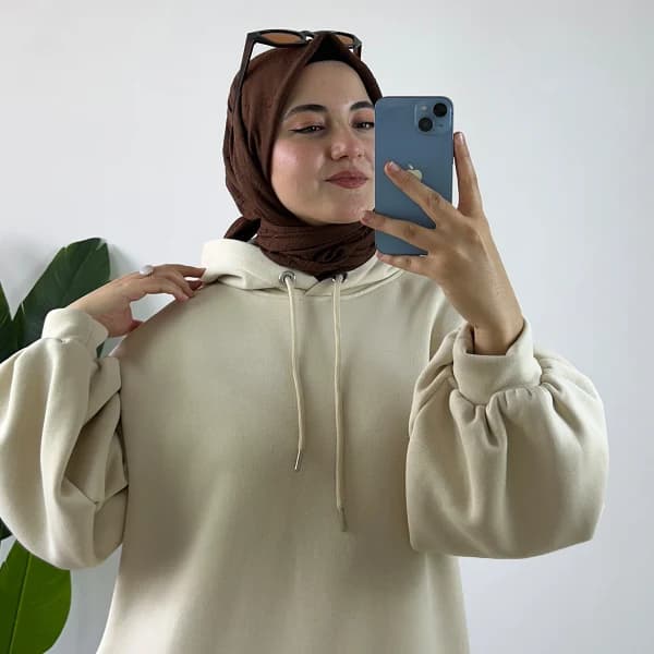 Kemerli Kapüşonlu Polar Elbise Krem