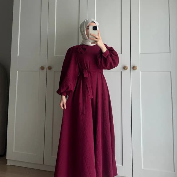 Lina Gül Detaylı Kuşaklı Elbise - Bordo