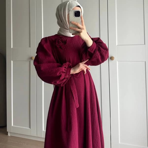 Lina Gül Detaylı Kuşaklı Elbise - Bordo