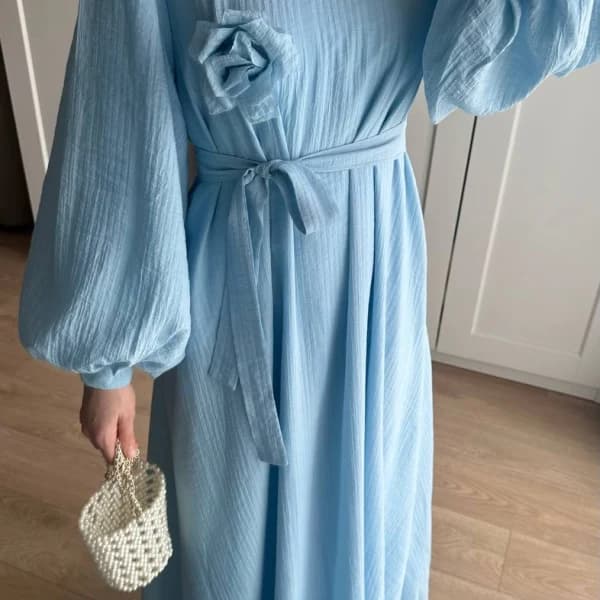 Lina Gül Detaylı Kuşaklı Elbise - Bebe Mavi